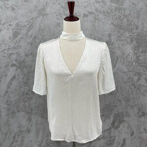 Paige Cateline Cream Textured Silk Double V-neck Choker Blouse Top